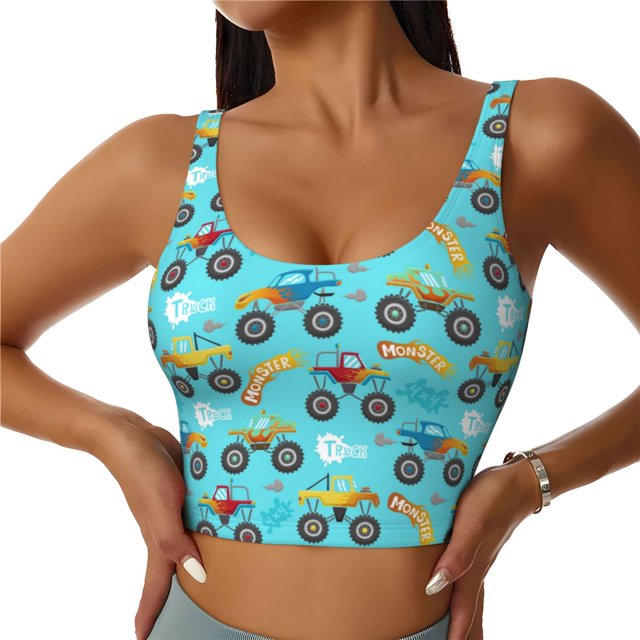 Balery Cartoon Monster Truck Sujetadores deportivos con espalda cruzada para mujer, acolchados, sin costuras, de alto impacto, ideales para yoga, gimnasio, entrenamiento y fitness.-XX-Large