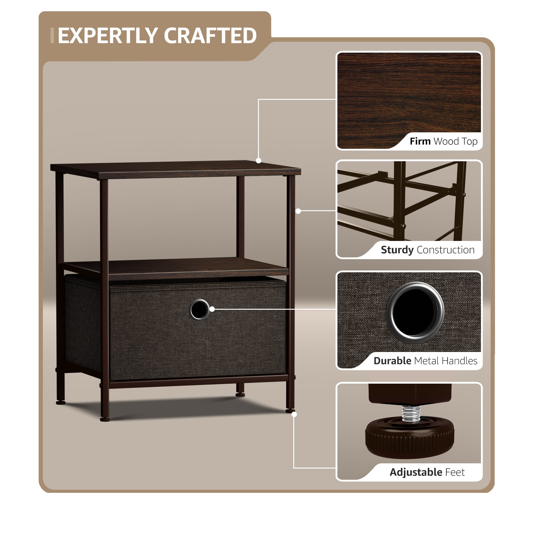 Sorbus 1-Drawer Nightstand with Shelf, Fabric Bin Storage, Steel Frame, Brown