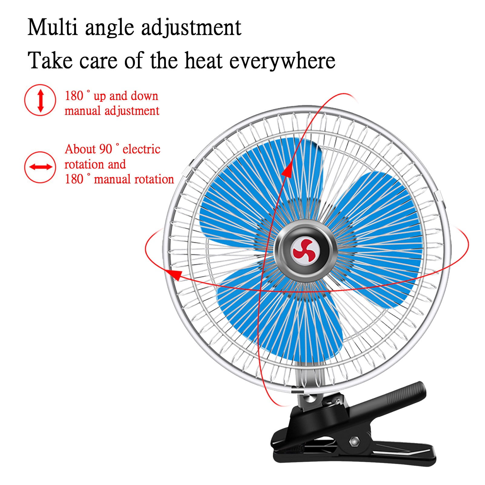 12V Clip-On Car Fan with Strong Wind & Low Noise, Large Angle Adjustable Universal Cooling Fan, Thickened Stable Clip Portable Fan for Car SUV RV Truck Home Camping