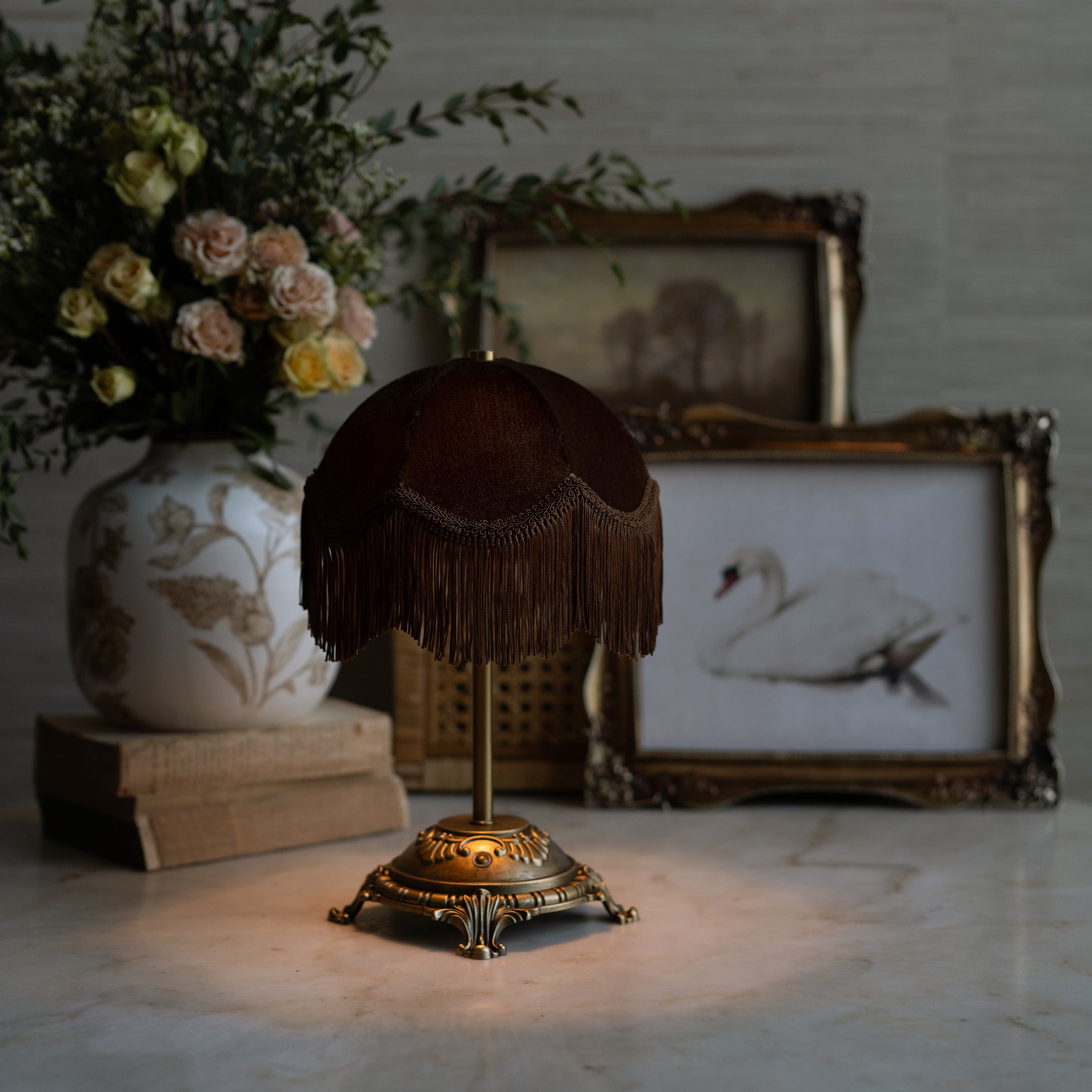 Home Decor Collection Sterling & Noble Home Brown Velvet Fringe Victorian Style Rechargeable Table Lamp