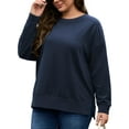 thumbnail image 3 of FlorCurve Plus Size Sweatshirts for Women Side Slit Pullover Sweatshirts Crew Neck Long Sleeve Drop-Shoulder Oversized Cotton Blouse, Navy Blue XL, 3 of 9