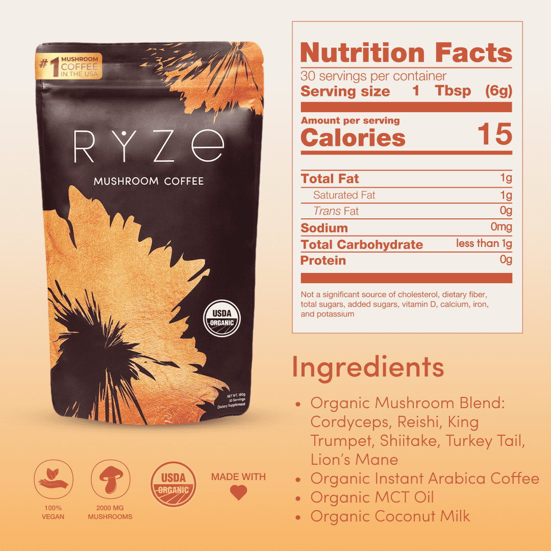 RYZE Mushroom Coffee USDA Organic with 6 Adaptogenic Mushrooms and MCT Oil, Instant Coffee for Better Energy, Focus, Digestion, Immunity, 30 Serving
