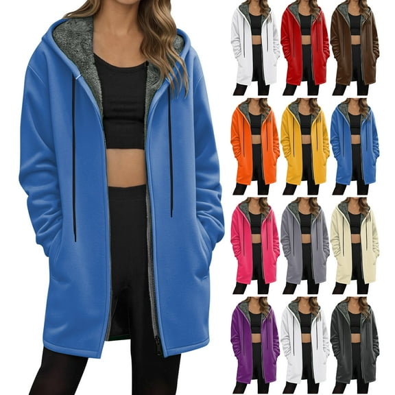 TTUHYWXI Womens Long Hoodies Zip Up Hoodie Fall Winter Fleece Jackets Soft Sherpa Tunic Sweatshirts Warm Long Coats (Blue, 3XL)