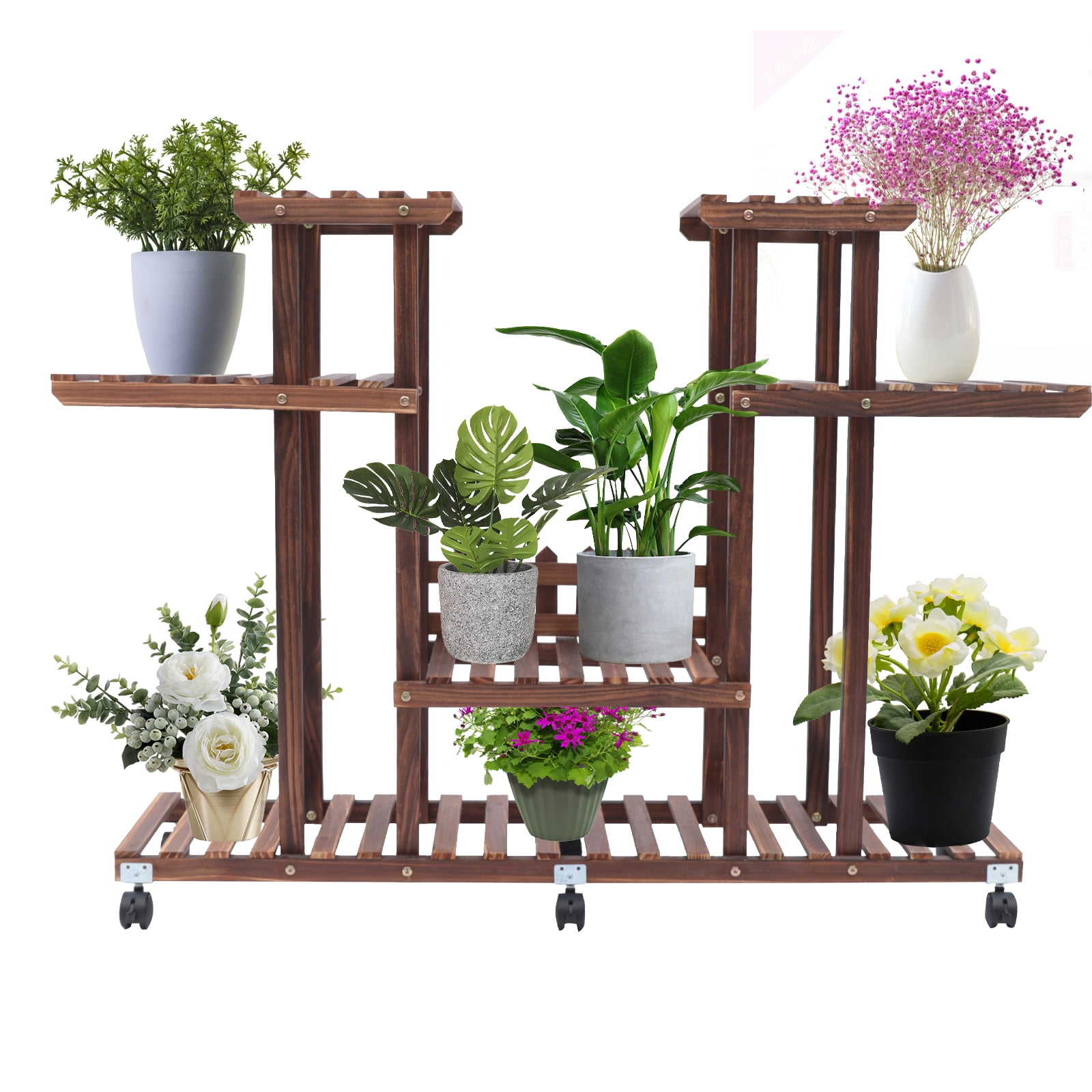 Large Multiple Plant Stand with Wheels for Indoor, Freestanding Wood Layered Flower Garden Stand