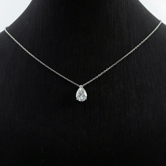 14K White Gold Plated 1Ct Pear Lab Created Diamond Solitaire Pendant 18'Free Chain