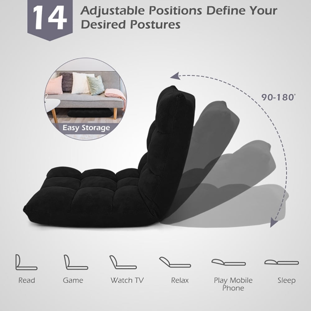 Finihen Adjustable 14-position Cushioned Floor Chair, Folding Lazy Sofa Chair for Living Room, Bedroom, for Gaming, Reading, Black Finihen Adjustable 14-position Cushioned Floor Chair, Folding Lazy Sofa Chair for Living Room, Bedroom, for Gaming, Reading, Black