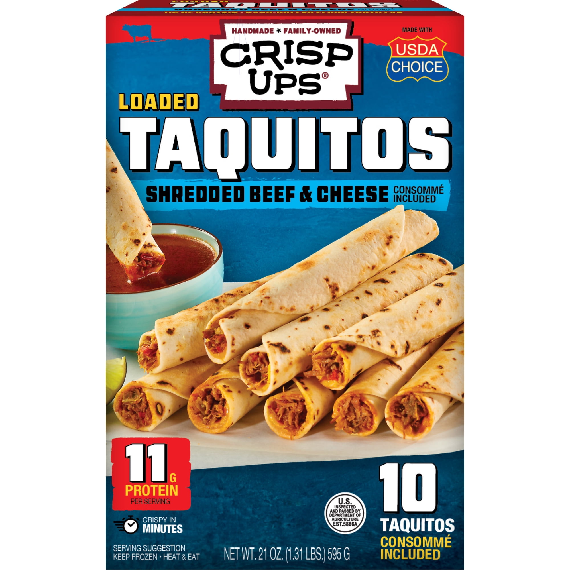 CrispUps™ Shredded Beef & Cheese Loaded Taquitos with Consommé, Frozen, 21 oz., 10 Count - Don Lee Farms