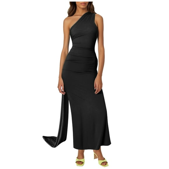 TSADFHJI Wool Skirt Long Women's Solid Color Neck Slim Fit Wrap Dress Elegant Party Evening Dress L Black
