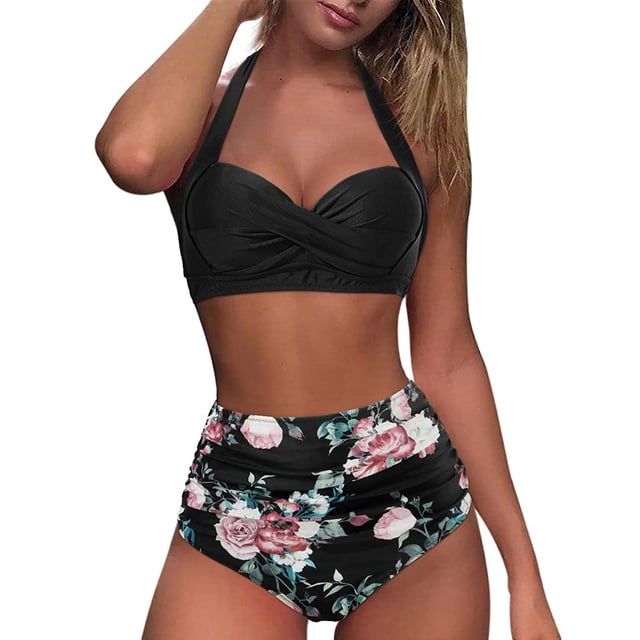 EGNMCR Bikini Ensemble Femme Maillot de Bain Vintage Deux Pièces Rétro à Tour de Cou Froncé Taille Haute Imprimé Ensemble Bikini