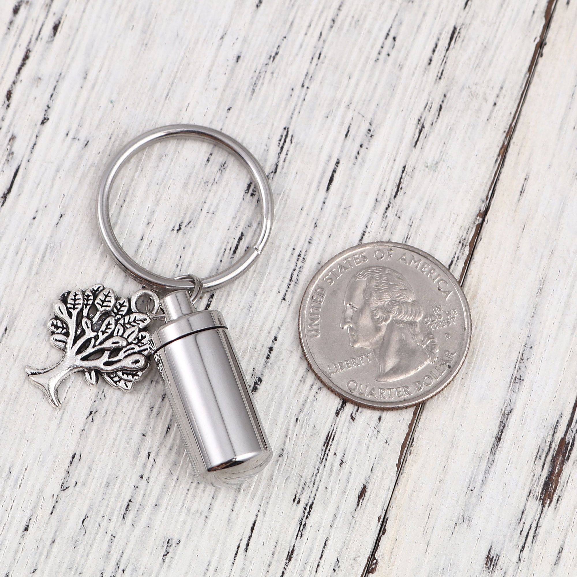 Silver Stainless Steel Cylinder Tree of Life Charm Cremation Urn Ashes Holder Container Pendant Memorial Keychain Keepsake Jewelry Key Ring with Free Funnel Kit and Velvet Jewelry Box