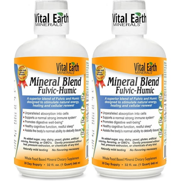 Vital Earth Minerals Fulvic Humic Mineral Blend Liquid 2-Pack – Fulvic Acid Supplement with 70  Trace Minerals, Electrolytes for Recovery, Balance & Energy, 32 Oz Ea   1 Oz Cup Ea