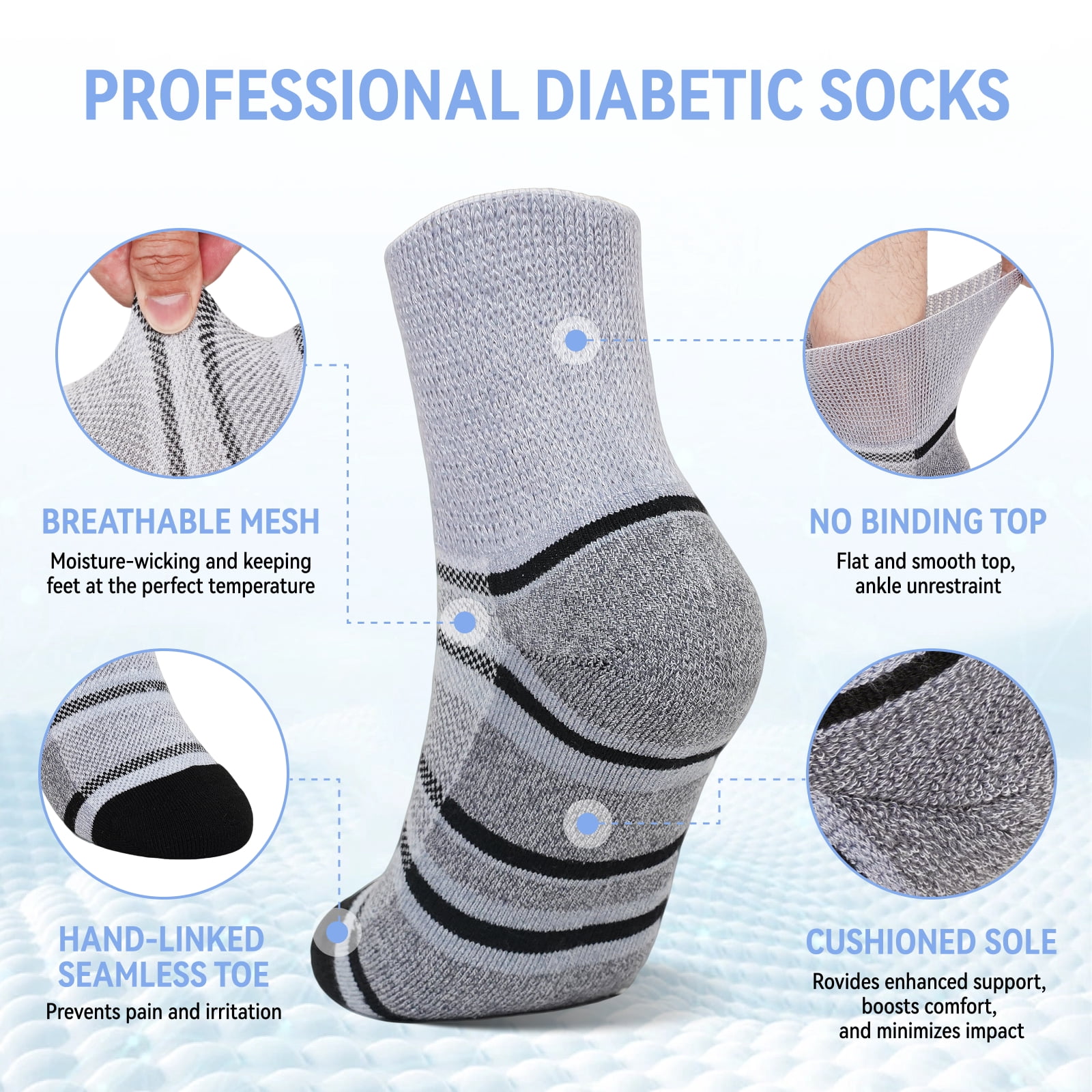 AMITOFO Bamboo Viscose Diabetic Socks for Men—Striped Non Binding Moisture Wicking Ankle Socks, Wide Open Top& Seamless Toe, 5 Pairs