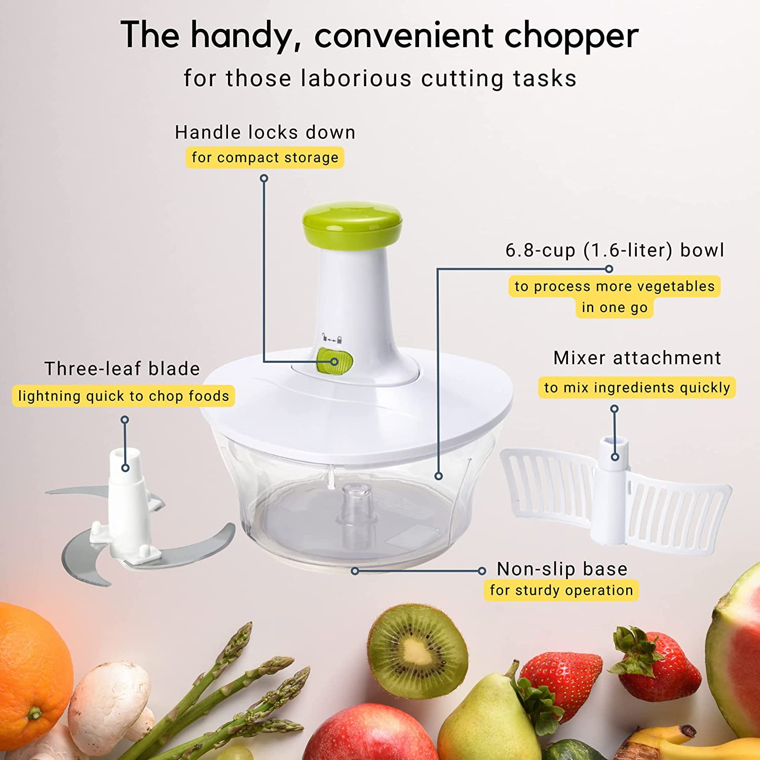Brieftons QuickPush Food Chopper: Strongest & 200% More Container Capacity,  30% Heavier Duty, Fruit & Vegetable Chopper, Onion Chopper Vegetable