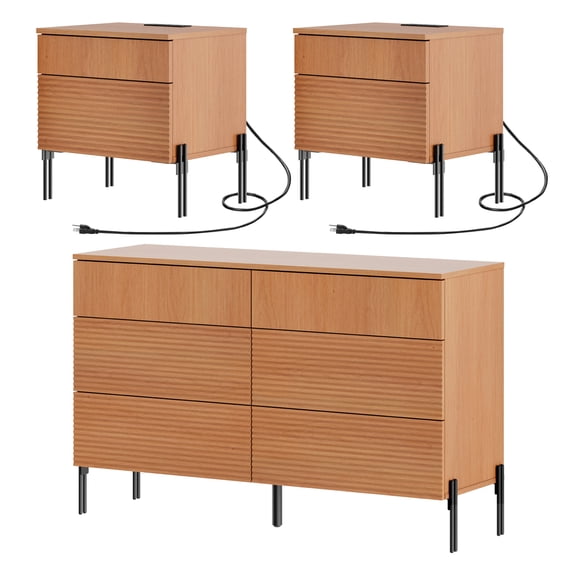 3 Pcs Bedroom Set, 6 Drawer Dresser And Nightstand Set with Minimalist Reeded Design, Oak Double Dresser With Hidden Handles
