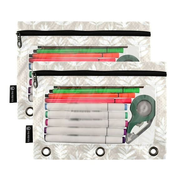 2 Pack Pencil Pouch for 3 Ring Binder Smooth Zipper Folders with Pockets Clear Window Pencil Case White Bohemian Leaves