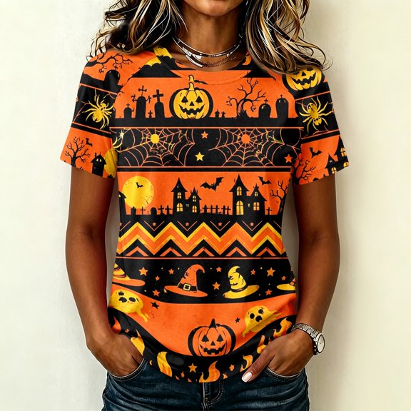 Womens Short Sleeve Halloween Tops Crewneck Loose Fit Castle Bat Print T Shirts Casual Clothes Gifts