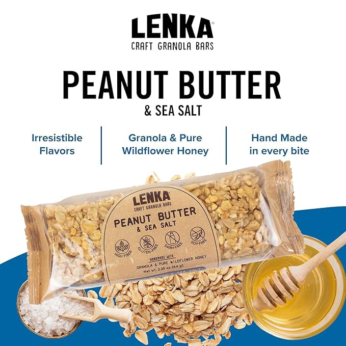 LENKA Handmade Craft Granola Bars - Peanut Butter with Sea Salt Gluten Free High Fiber - Sweet & Salty Chewy Granola Bar - 12 Pack
