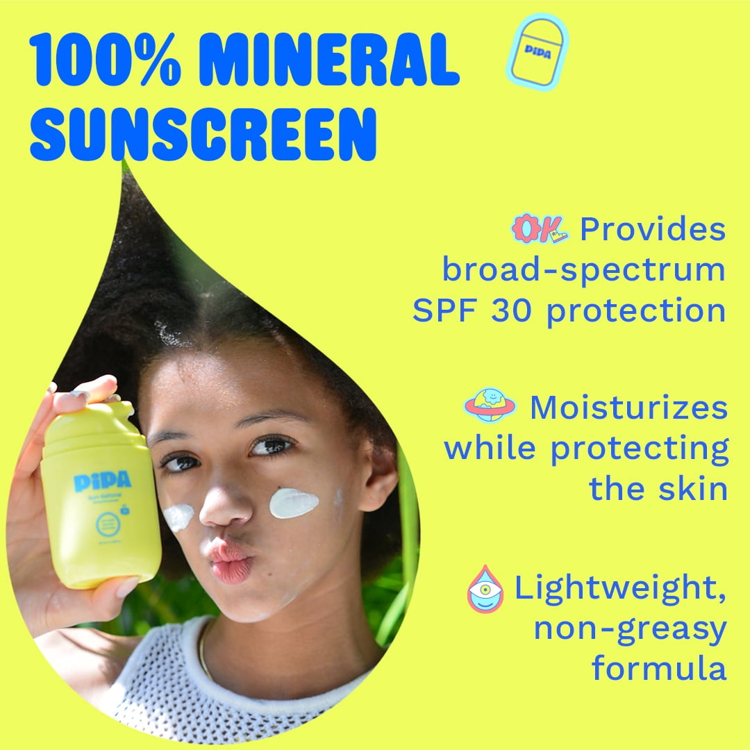 Pipa Sun-Sational 100% Mineral Daily Sunscreen SPF 30, 50 ml | Liquid Everyday Face Lotion with Zinc Oxide | Unscented & Gentle for Sensitive Skin | Kids & Tweens Skin Care