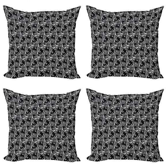 Tropical Throw Pillow Cushion Case Pack of 4, Graphic Bohemian Floral Print with Leaves Inspired by Tropical Forest Nature, Modern Accent Double-Sided Print, 4 Sizes, Black and White, by Ambesonne