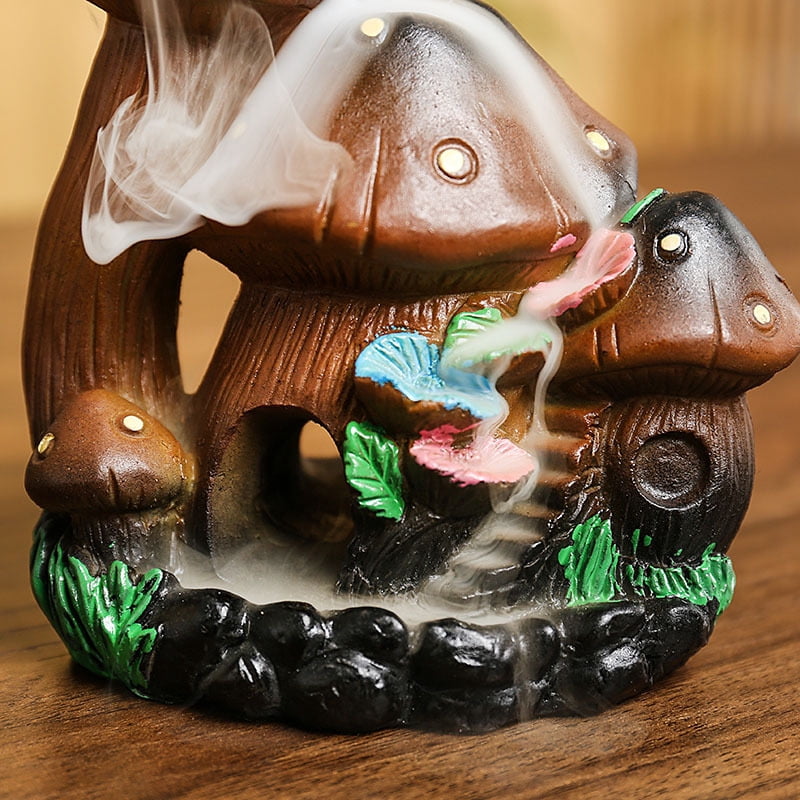 Mushroom House Backflow Censer Backflow Incense Burner Resin Mushroom House Incense Burner Mushroom Incense Holder Flowing Smoke Burner for Relax Desktop Ornament