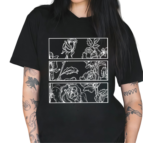 Cozymy Women's Rose Floral Panel Print T Shirts Crewneck Short Sleeve White Outline Art Tees Everyday Casual Fashion Tops