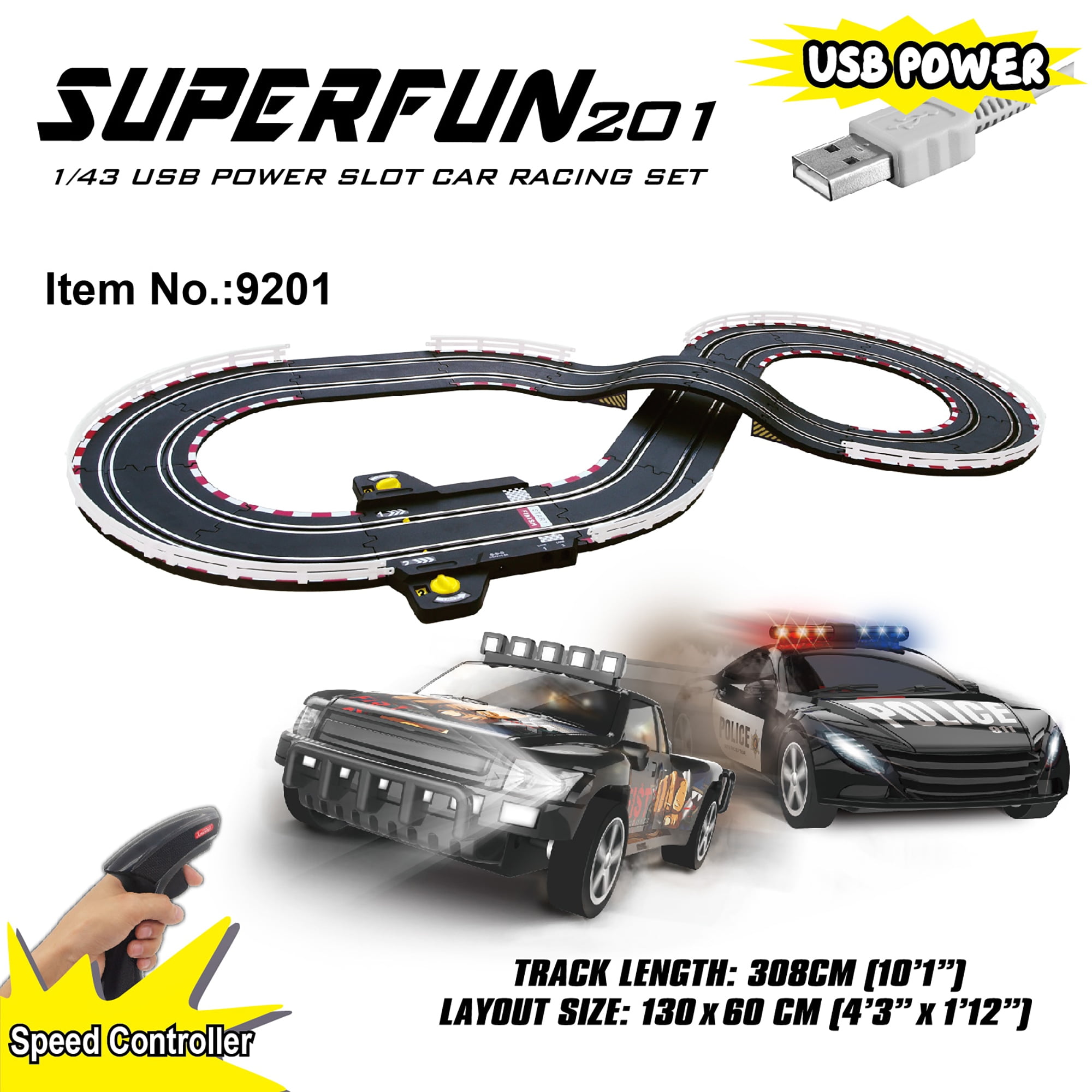 Joysway: SuperFun 201 - 1/43 USB Power Slot Car Racing Set, Layout Size: 51"x23", LED Headlights, Lap Counter, Ages 8+