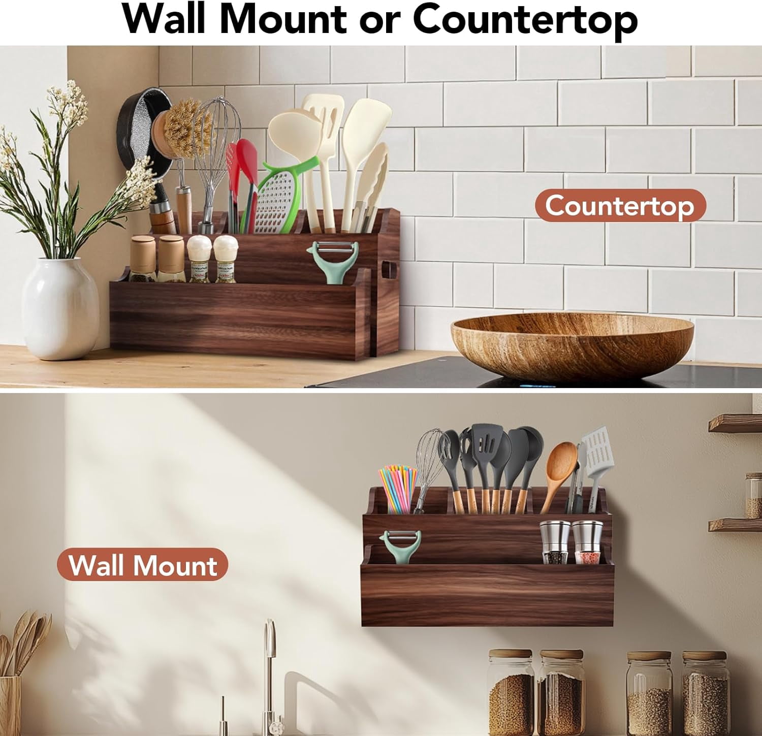 Kitchen Utensil Holder for Countertop, Large Wood Organizer for Utensil Crock with Spoon Rest, Farmhouse Cooking Utensil Holder with 7 Compartments, Wall Mount Rustic Wooden Storage for Cooking Tools