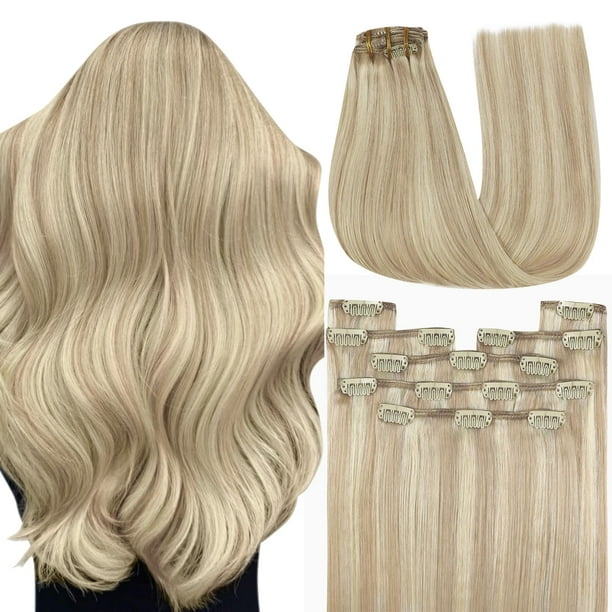Extensiones de cabello humano con clip Youngsee, reflejos rubios, rubio ceniza, rubio decolorado, extensiones de cabello humano real, cabello Remy suave, 120 g, 16 pulgadas, 7 unidades