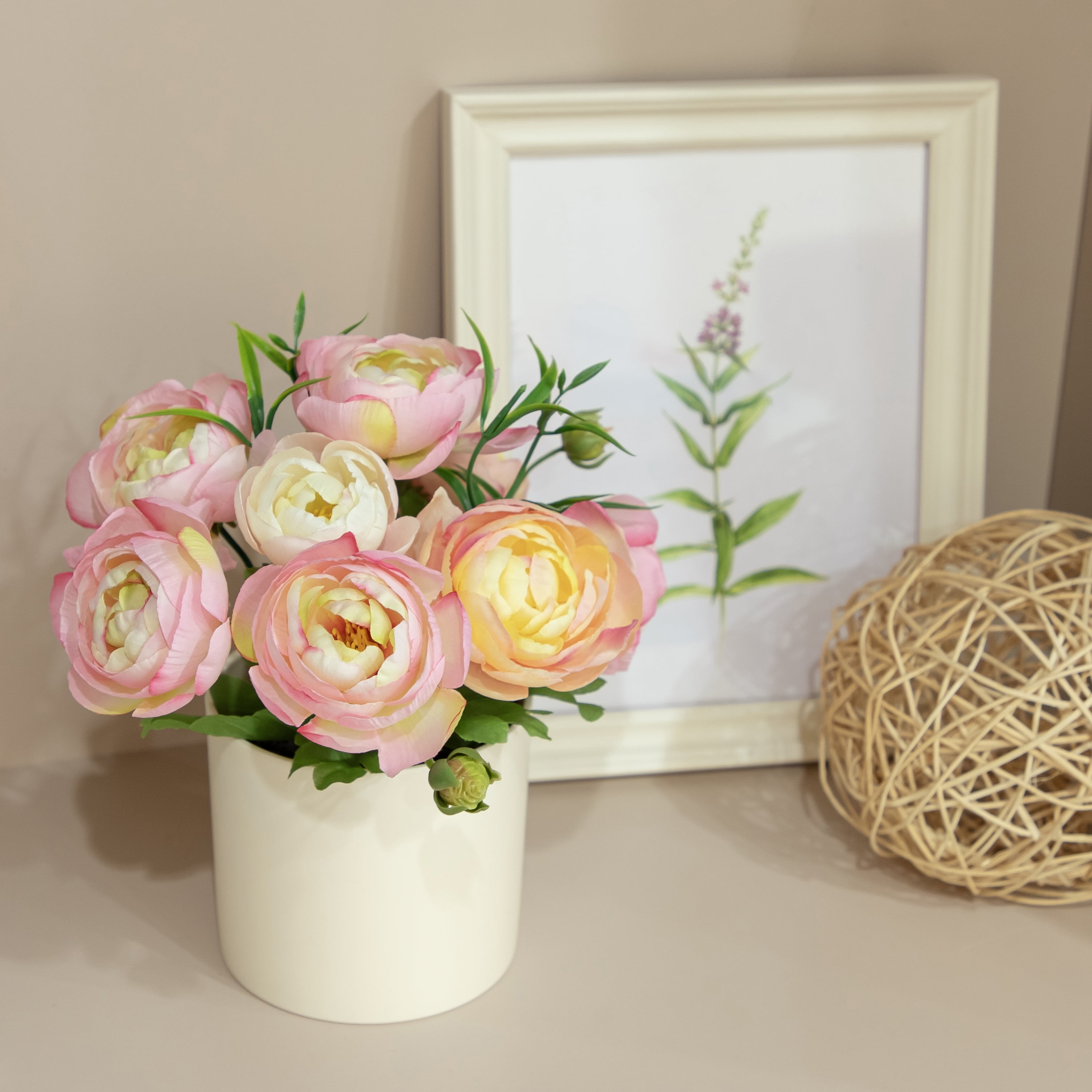 Mainstays 7 in Artificial Pink Ranunculus in Cream Pot, Indoor Use
