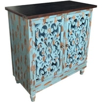 eHemco Rustic Accent Distressed Cabinet with 2 Doors with Dual Storage Shelf for Living Room and Entryway, Teal