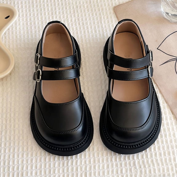 FSYBOA Girls Flat Dress Shoes Size 1(Big Kids), Casual Hook and Loop Strap Non Slip Fashion Kids School Uniform Shoes Black