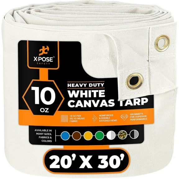 Xpose Safety Canvas Tarp - 10oz White Poly Canvas Tarps Heavy Duty Water Resistant with Brass Grommets- Multipurpose Outdoor Tarpaulin for Camping, Canopy, Trailer, Equipment Cover 20' x 30'