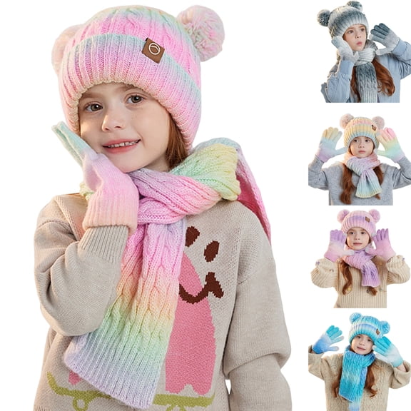 Lispipm Kids Hat Gloves Scarf Set Knit Winter Thick Fleece Bean1e Neck Warmer Cuffed Cap and Mittens with Plush Ears Decoration Blue