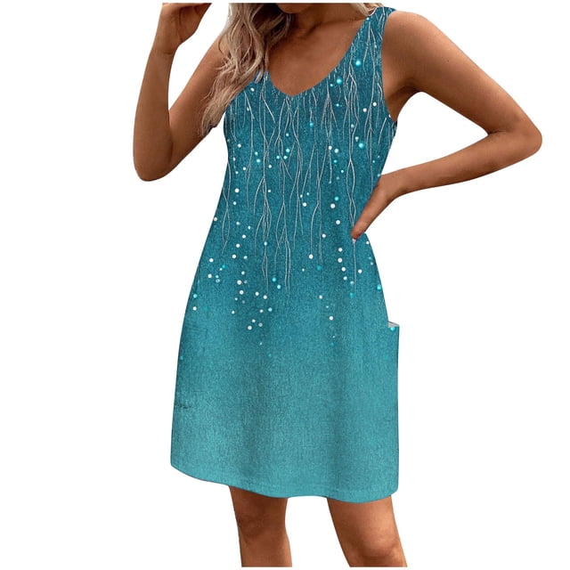 Vestido Corto para Mujeres Verano sin Mangas Cuello en V, Impresión de Moda con Bolsillos, Poliéster de Algodón Casual