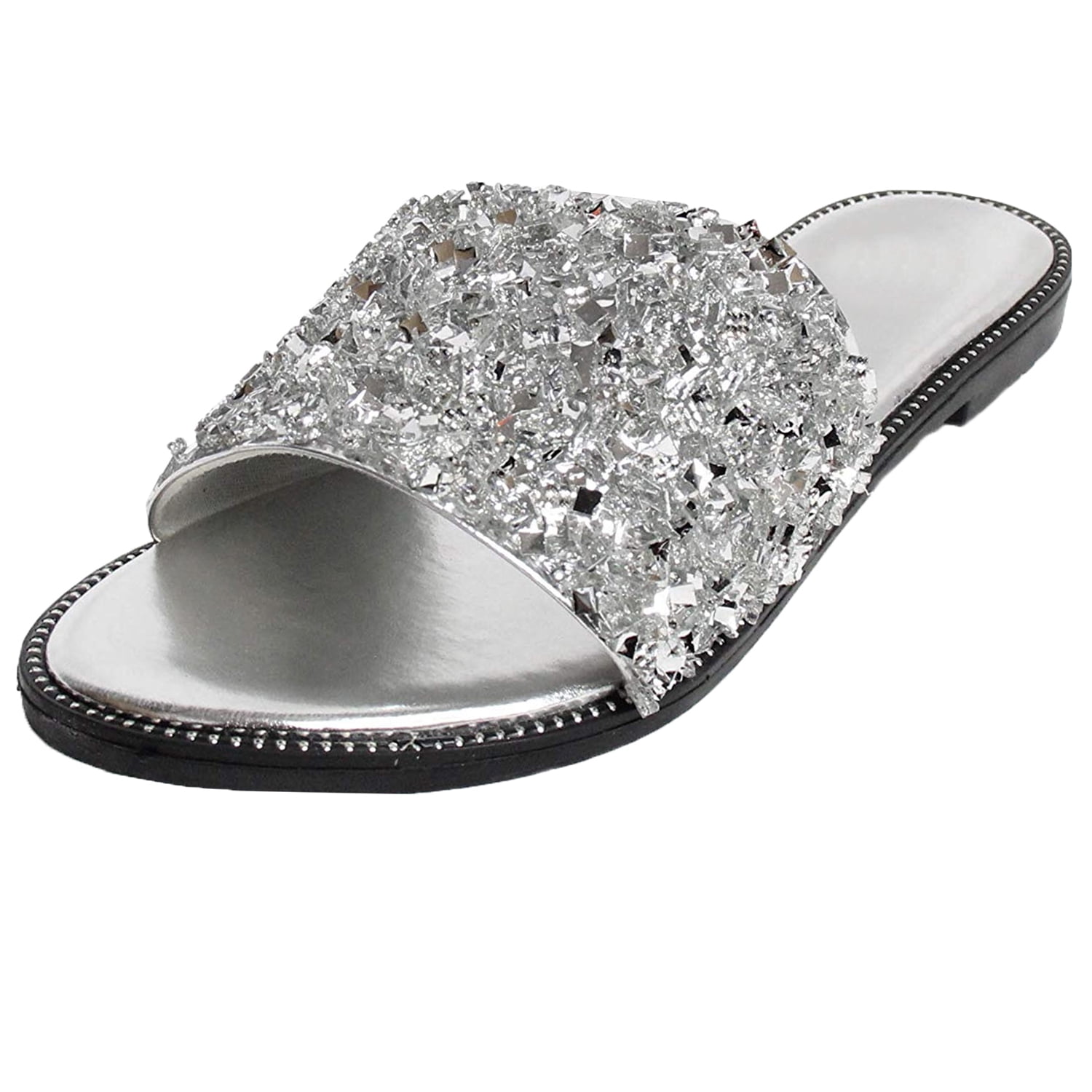 SNJ Womens Glitter Bling Rhinestone Strap Slide Flat Sparkle Sandal