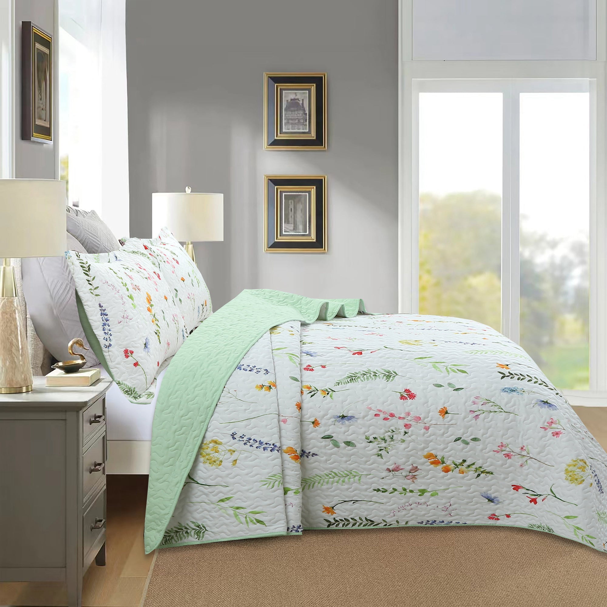 3-Piece Printed Floral Quilt Set Lightweight Bedspread with Pillow Shams, Soft & Breathable Bedding ME505