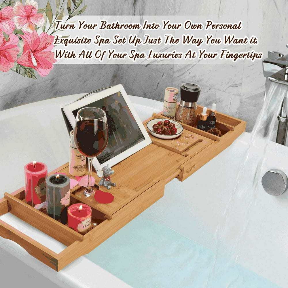 Wooden Bathtub Caddy 31" to 43" Extendable NonSlip Bamboo Tray for