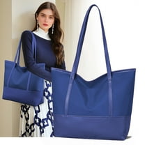 JOGZMZ Oxford Cloth & Leather Tote Bag for Women, Large Capacity Shoulder Purse with Reinforced Handles, Stylish Work Handbag Blue