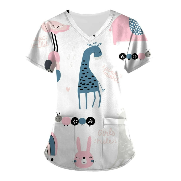 Women's Plus Size Scrubs Uniform V Neck Animal Print Scrub Nurse