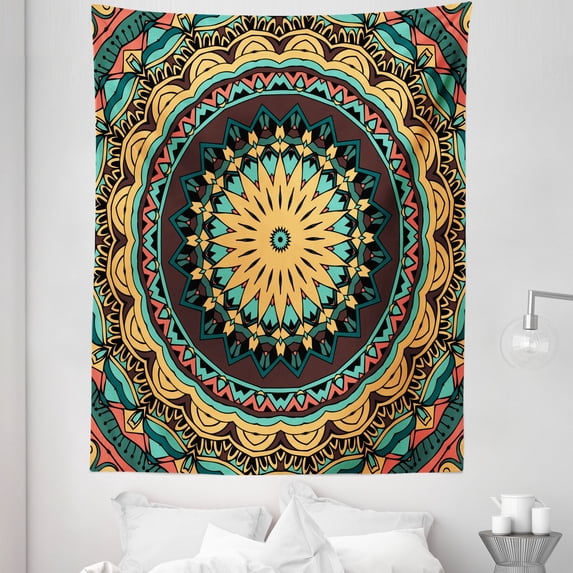 Mandala Tapestry, Graphic Design Colorful Abstract Ornament Sun Design Bohemian Motives, Fabric Wall Hanging Decor for Bedroom Living Room Dorm, 5 Sizes, Brown Mustard and Teal, by Ambesonne