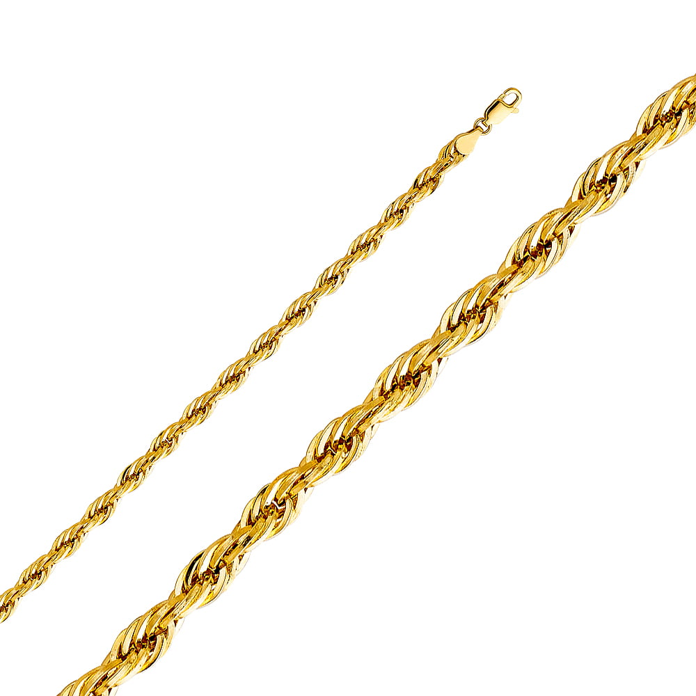 FB Jewels 14K Yellow Gold 5MM Lobster Claw Clasp Hollow Diamond-Cut Rope Chain Necklace - 18 Inches