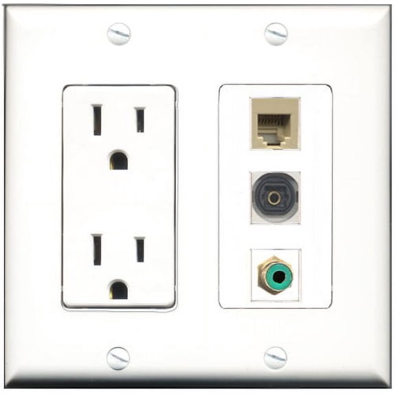 RiteAV - 15 Amp Power Outlet 1 Port RCA Green 1 Port Phone Beige 1 Port Toslink Decorative Wall Plate