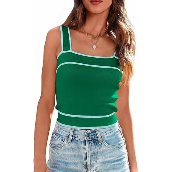 FreshPretty Women's Trendy Summer Square Neck Crop Tank Tops Casual Color Block Knit Sleeveless Slim Fit Y2k Cami Shirts