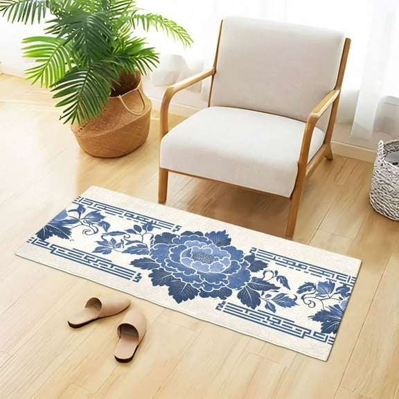 Blue Florals Leaves Elegant Frame Plush Carpet Non Slip Runner Rug Absorbent Bath Mat 39" x 20"