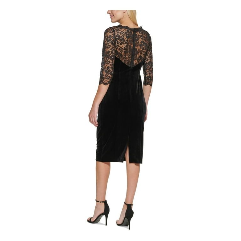 ELIZA J Womens Black Stretch Lace Zippered Velvet Scalloped Back Slit Elbow Sleeve Illusion Neckline Below The Knee Party Body Con Dress 2 Walmart