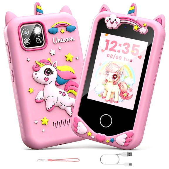 Wonderstone Kids Unicorn Smart Phone, 2.8'' Touchscreen Learning Toy Phone with Dual Cameras, Built-in 8GB Memory, Games, Music Player, Christmas & Birthday Gift for Toddler Girls Ages 3-10