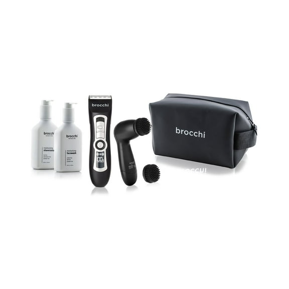 Brocchi | Men's Sandalwood Face Wash, Shave Lotion, Exfoliating Facial Brush, Trimmer   Travel Bag