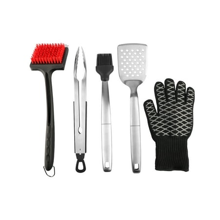 PitMaster King Cook & Clean BBQ Grill Essentials 5pc Value Set with Tongs, Spatula, Basting Brush, Cleaning Brush and EN407 Certified 932F Heat Gloves