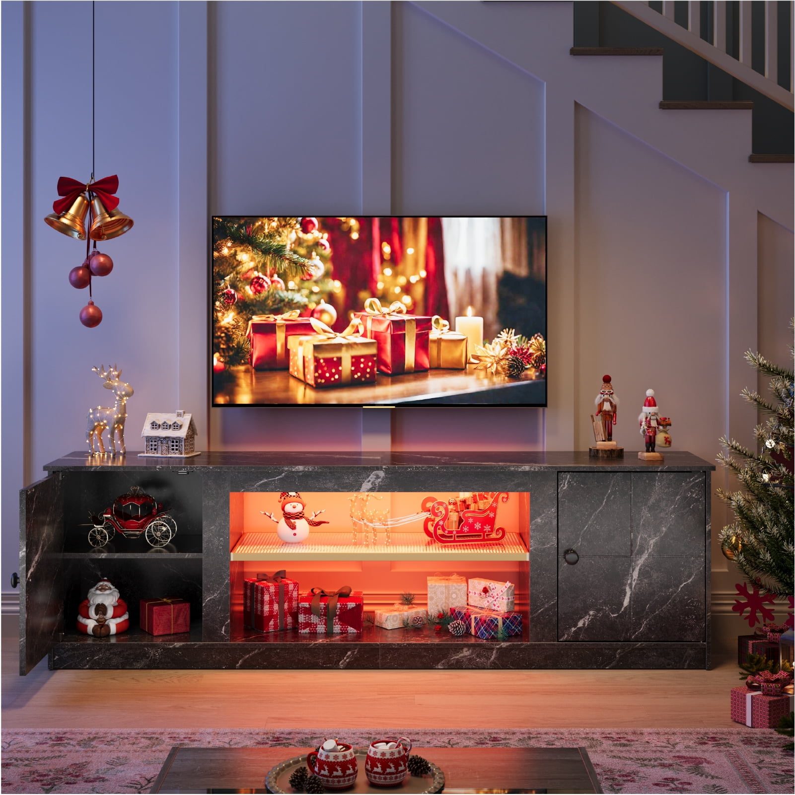 Pinmoco 63" LED TV Stand for TVs up to 70", Gaming Entertainment Center with Storage Cabinet and Adjustable Shelves, Black Marble