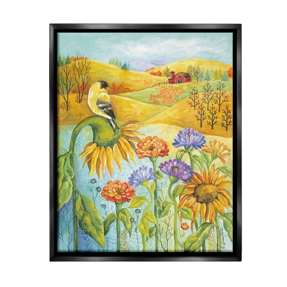 Stupell Industries Bird Perched at Farm Botanical & Floral Painting Black Floater Framed Canvas Art Print Wall Art, 17 x 21